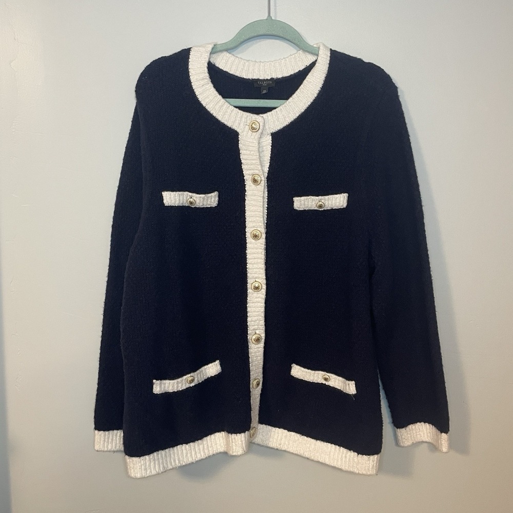 Talbots Sweater Womens 2X Navy Blue Cardigan Blazer Preppy‎ Nautical